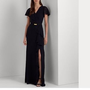 belted georgette flutter sleeve gown